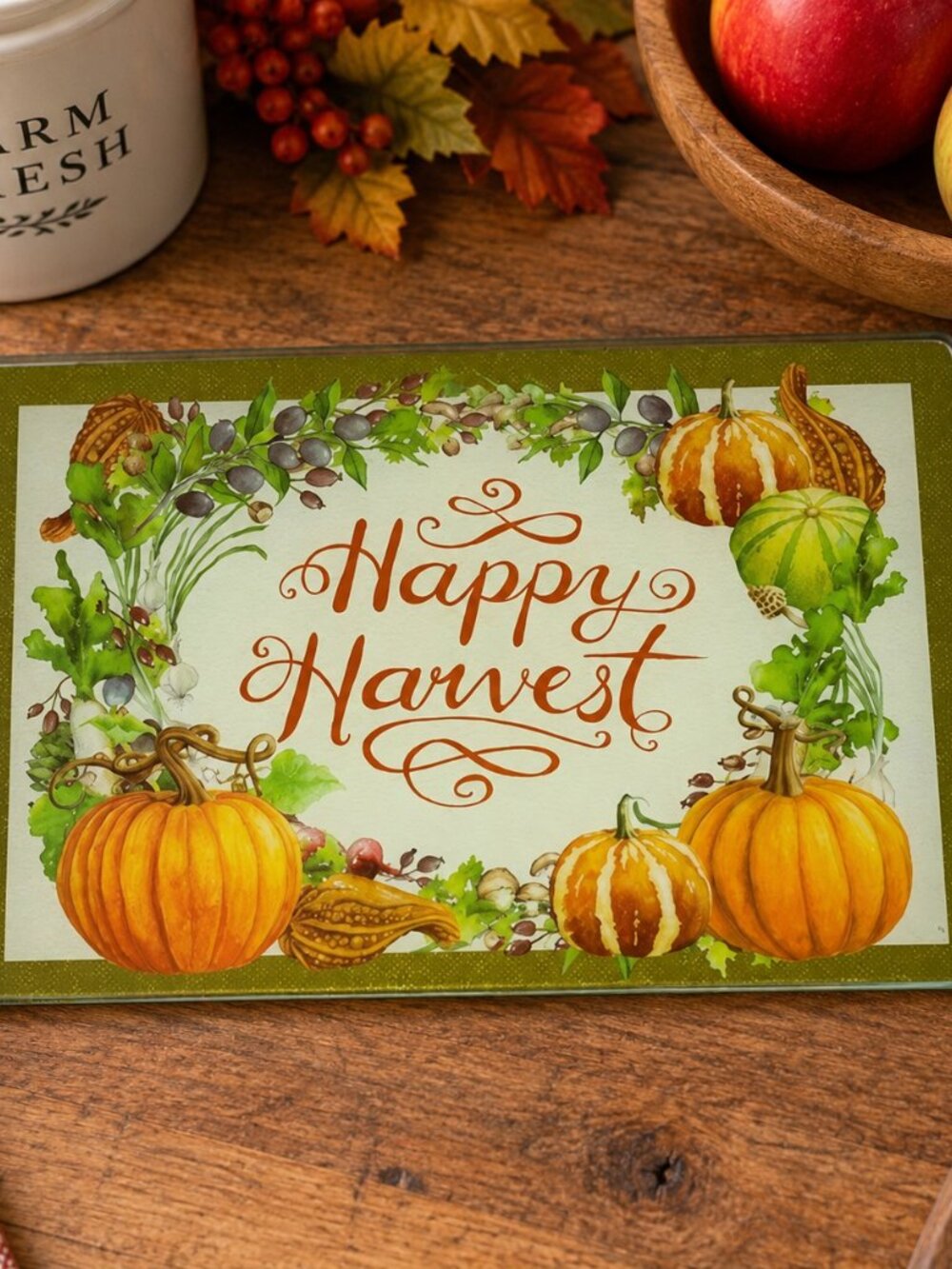 Happy Harvest Pumpkin Glass Cutting Board 8x12 Fall Thanksgiving Kitchen Decor